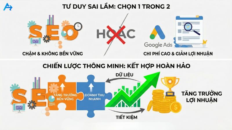 SEO khác gì Ads? Nên chọn chiến lược nào để tối ưu chi phí Marketing 2025? 11 Tư duy sai lầm: Chọn 1 trong 2 hay kết hợp cả hai?