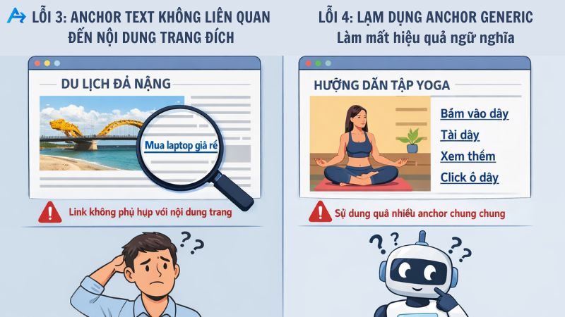 Hình ảnh mô tả lỗi anchor text không liên quan và lỗi lạm dụng anchor text