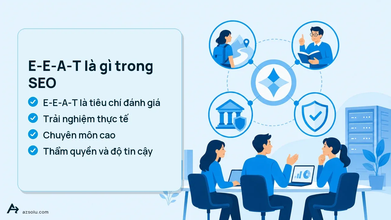 Chủ đề E-E-A-T trong SEO với biểu tượng và danh sách tiêu chí đánh giá chất lượng nội dung.