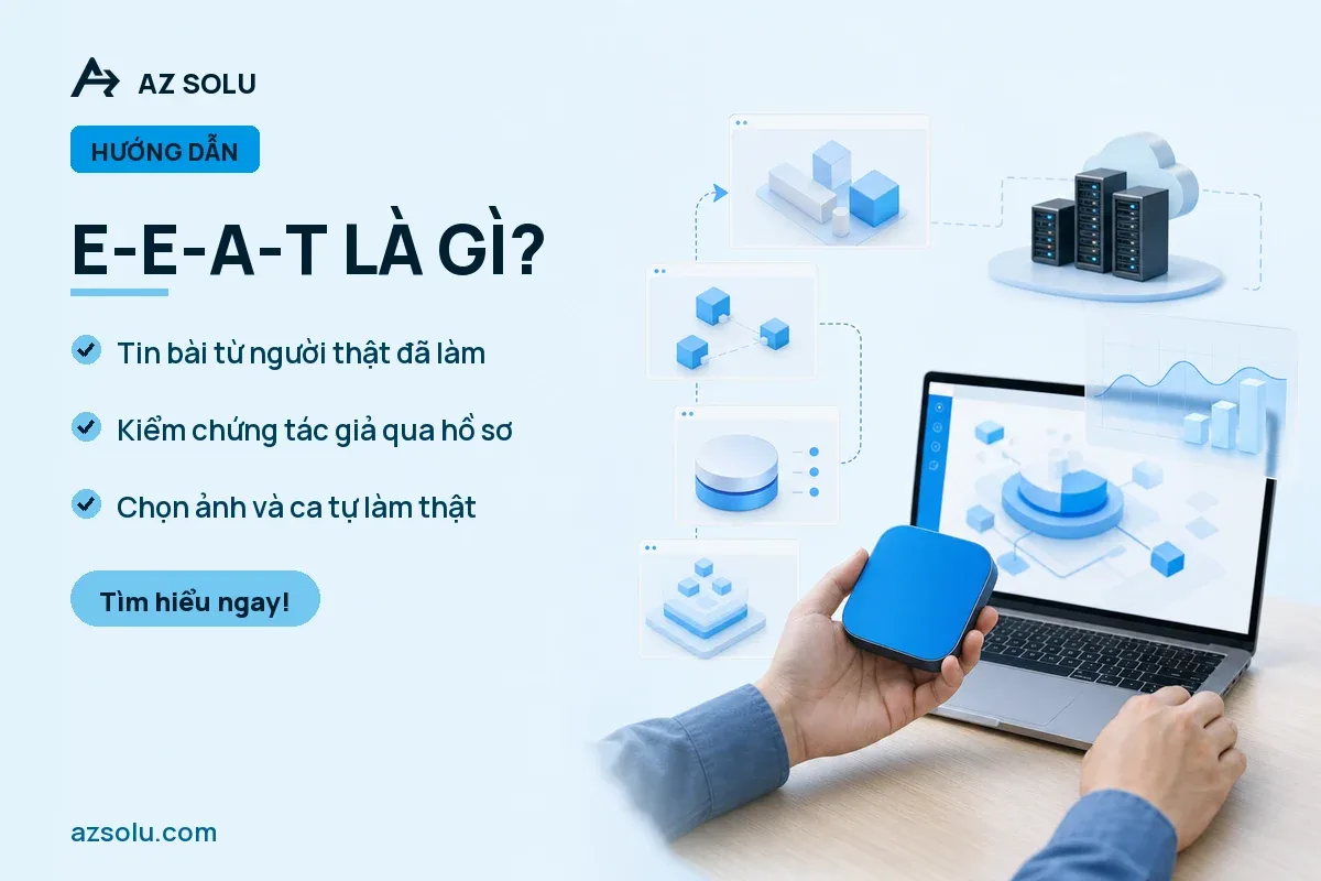 E-E-A-T Là Gì? — Một người đang cầm thiết bị màu xanh trên tay với laptop và các biểu đồ mô phỏng.