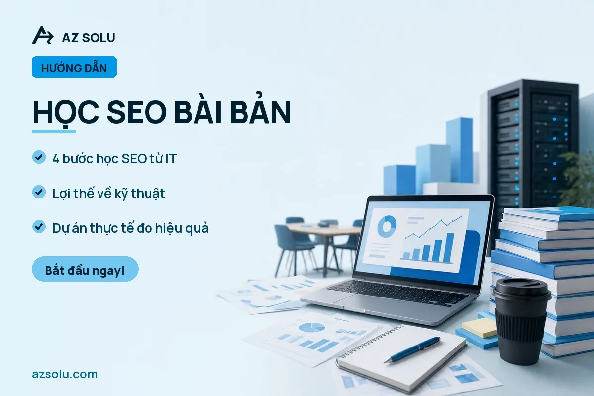 Học SEO Bài Bản — Bàn làm việc với laptop, tài liệu, sách và cốc cà phê trong không gian văn phòng.