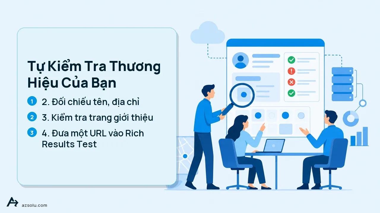 Tự kiểm tra thương hiệu với hướng dẫn các bước kiểm tra được thể hiện trong ảnh